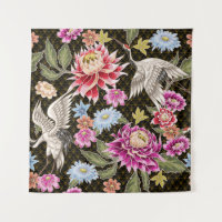 Motif japonais avec fleurs et grues blanches