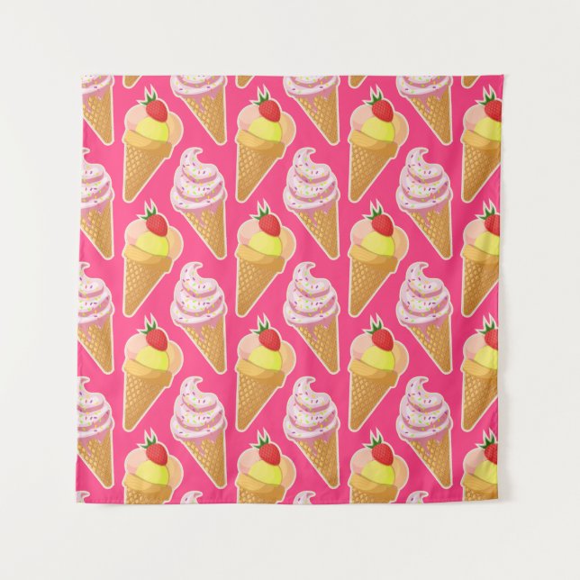 Tenture Motif rose Kawaii avec crème glacée aux fraises (Devant)