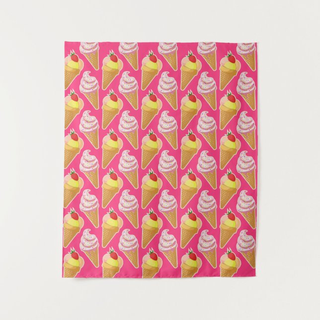 Tenture Motif rose Kawaii avec crème glacée aux fraises (Devant)