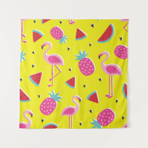 Tenture motif tropical à ananas rose, flamants roses, w