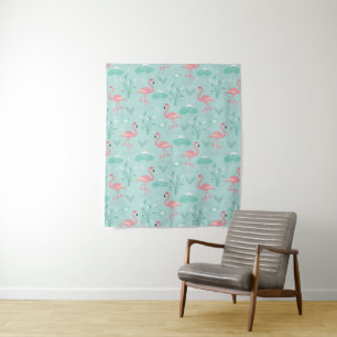 Tenture Motif vert Flamants roses rose Pastel