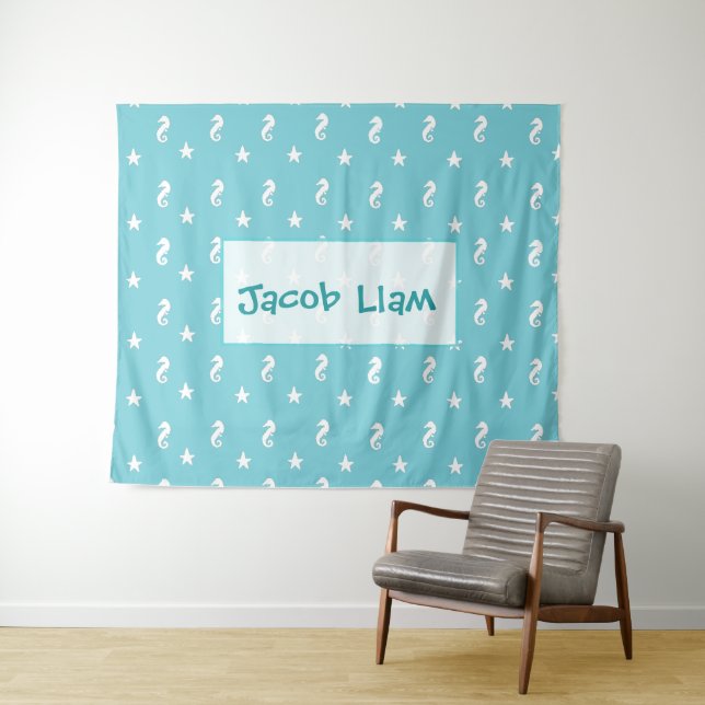 Tenture Murale Aqua Blue Seahorse Boys Nom Tapestry (En situation (horizontale))