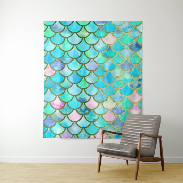 Tenture Murale Aqua Turquoise bleu aquarelle Mermaid Scales Motif (En situation)