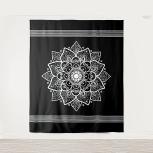 Tenture Murale Arrière - plan noir Mandala Floral blanc