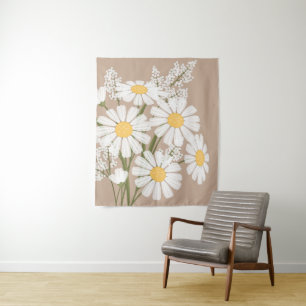 Tenture Murale Bouquet de Fleurs marguerites blanches sur beige