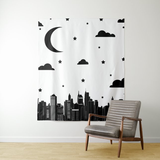 Tenture Murale Ciel nocturne noir et blanc moderne de paysage (En situation)