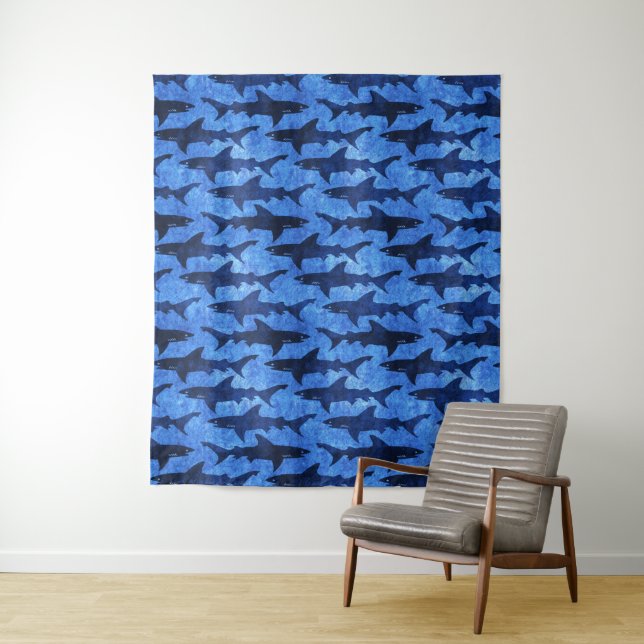 Tenture Murale Grands requins blancs en mer bleue profonde (En situation)