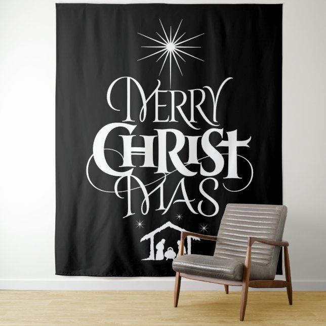 Tenture Murale Joyeux CHRISTmas Décotation religieuse Noir Blanc (En situation)