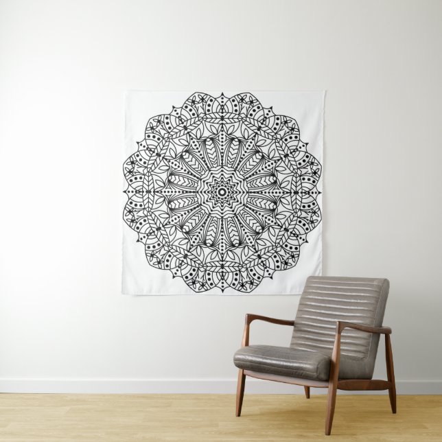 Tenture Murale Mandala floral noir et blanc moderne (En situation)