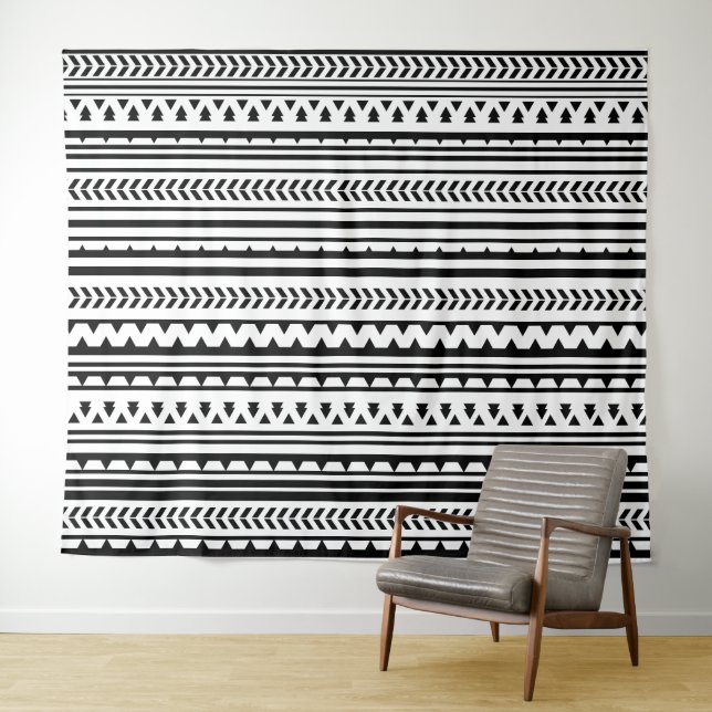 Tenture Murale Motif aztèque tribal noir et blanc (En situation (horizontale))