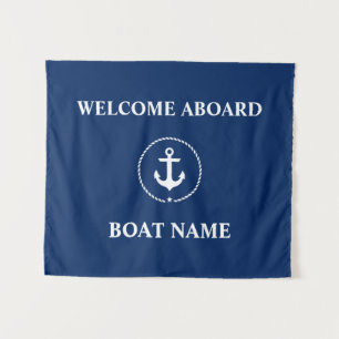 Tenture Murale Nom du bateau nautique Ancre Bienvenue Marine Bleu
