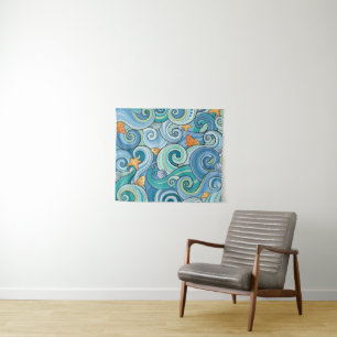 Tenture Murale Poissons parmi le motif de vagues