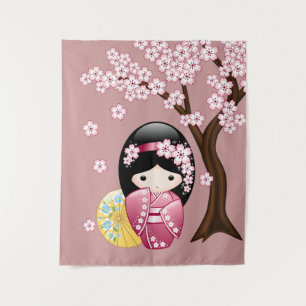 Tenture Murale Poupée Kokeshi de printemps - Jolie fille geisha j