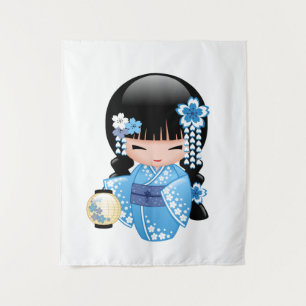 Tenture Murale Poupée Kokeshi d'hiver - Fille Geisha en Kimono Bl
