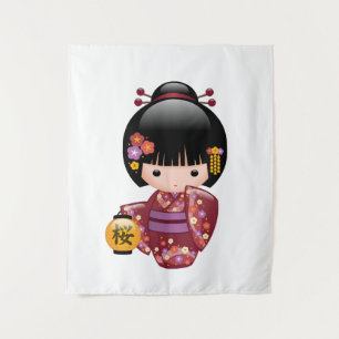 Tenture Murale Poupée Kokeshi Sakura - Jolie Fille Geisha Japonai