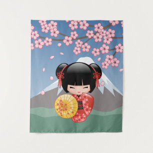 Tenture Murale Poupée Kokeshi Sakura Rouge - Geisha Japonaise Mig