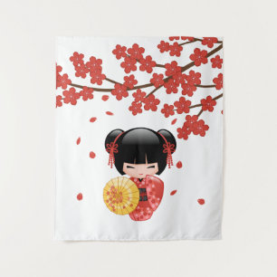 Tenture Murale Poupée Kokeshi Sakura Rouge - Geisha Japonaise Mig