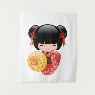 Tenture Murale Poupée Kokeshi Sakura Rouge - Geisha Japonaise Mig