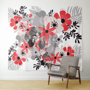 Tenture Murale Rouge Éclatant Gris Ultime Bohème Floral
