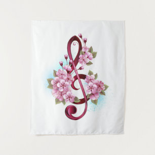 Tenture Musical treble clef notes with sakura flowers