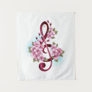 Tenture Musical treble clef notes with sakura flowers