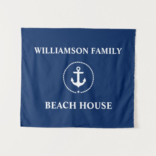 Tenture Nautical Beach House Nom de famille Marine Blue (Devant (Horizontal))