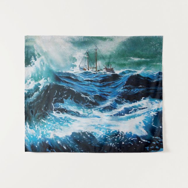 Tenture Navire dans la mer dans la tempête, Nautique, Bleu (Devant (Horizontal))