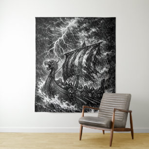 Tenture Navire long Viking dans la tempête — Ink Saga Art