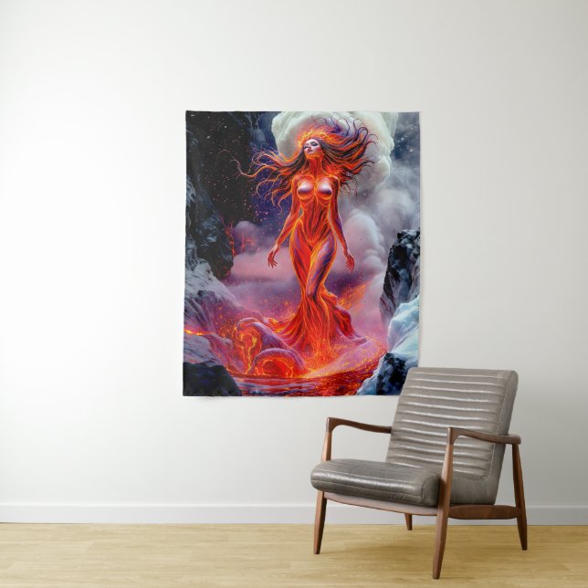 Tenture "Né de l'enfer" - Portrait de femme volcanique (En situation)