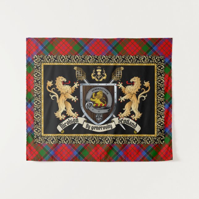 Tenture Nicolson Clan Badge & Motto avec Lions (Devant (Horizontal))