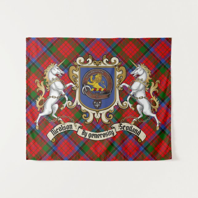 Tenture Nicolson Clan Badge & Unicorns avec Tartan (Devant (Horizontal))