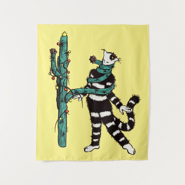Tenture Noël Chat Et Cactus Étranges Noël (Devant)