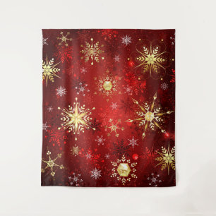 Tenture Noël Golden Snowflakes sur Arrière - plan rouge