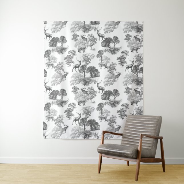 Tenture Noir Blanc Français Toile Deer Fox Forest Motif (En situation)