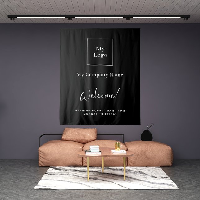 Tenture Noir blanc logo entreprise nom heures d'ouverture (Créateur téléchargé)