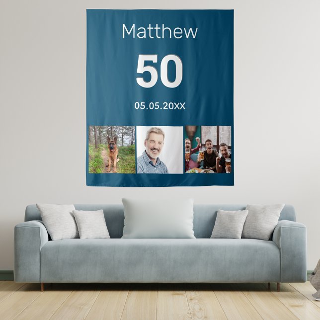 Tenture Nom de photo bleue de fête d'anniversaire homme (Créateur téléchargé)