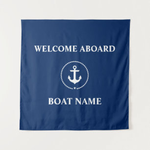 Tenture Nom du bateau nautique Ancre Bienvenue Carré bleu 