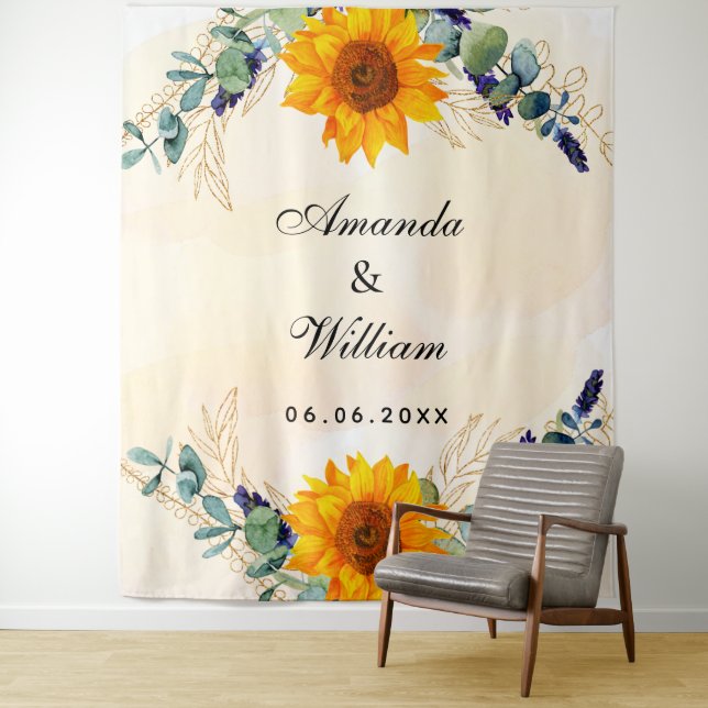 Tenture Noms de tournesols de mariage verdure eucalyptus (En situation)