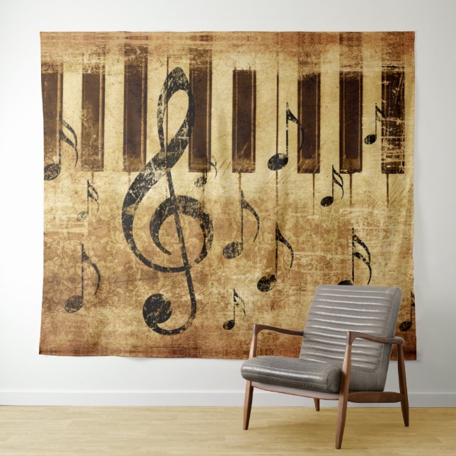 Tenture Notes de musique rétro et piano (En situation (horizontale))