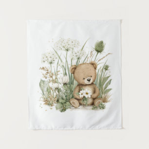 Tenture Nounours mignon à l'aquarelle avec fleurs sauvages