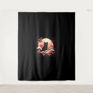 Tenture Nuit Fleur de cerisier_ Chat noir et Pleine lune