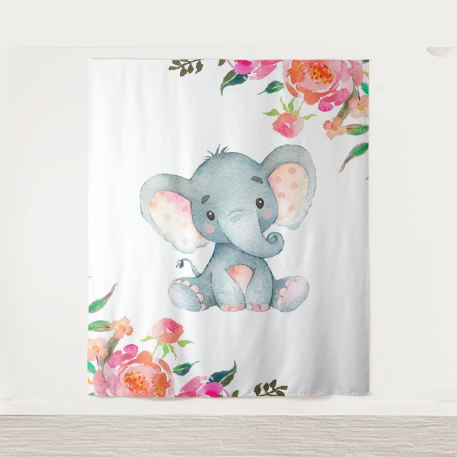 Tenture Nurserie à l'éléphant floral rose (Devant)