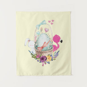 Tenture Oeuf mignon, Flamant rose rose et lapin, Aquarelle