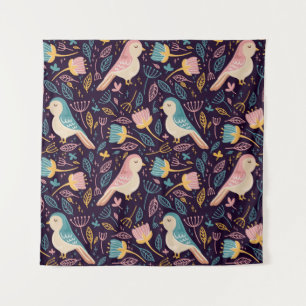 Tenture Oiseaux bleus et roses avec fleurs et feuilles sur