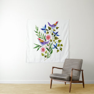 Tenture Oiseaux et fleurs aquarelle aux couleurs vives 