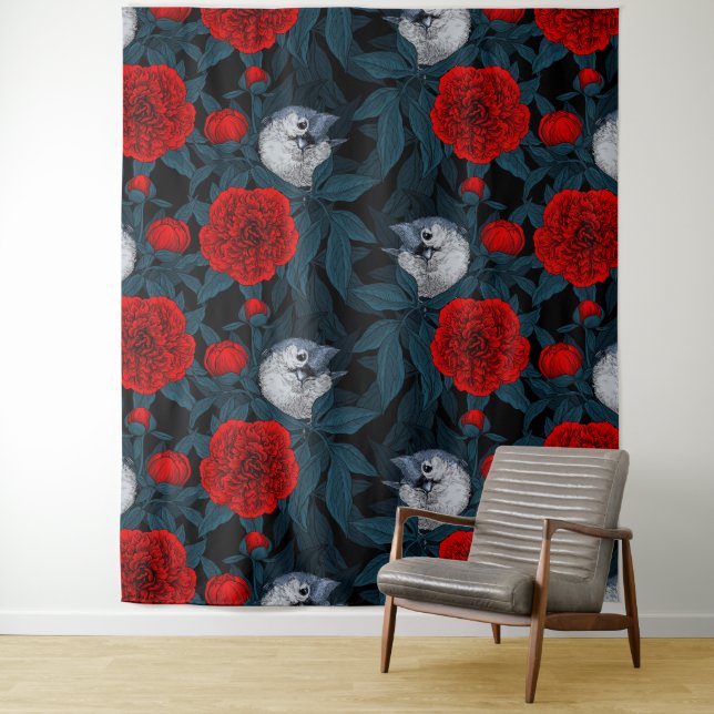 Tenture Oiseaux et fleurs de pivoines rouges avec feuilles (En situation)