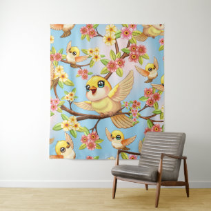 Tenture Oiseaux mignons et heureux parmi les fleurs du pri