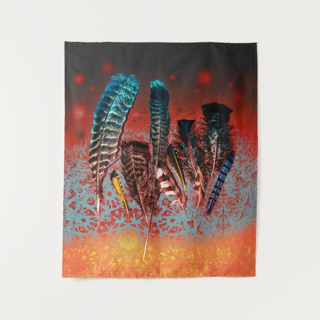 Tenture Oiseaux vibreux Plumes d'oranger Turquoise Sud-Oue (Devant)