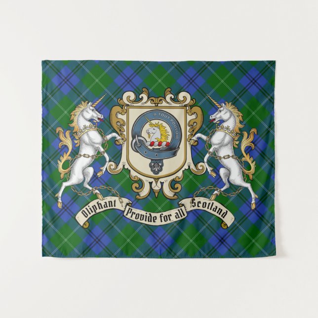 Tenture Oliphant Clan Badge & Unicorns avec Tartan (Devant (Horizontal))