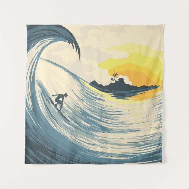 Tenture Onde tropicale et surfer au coucher du soleil (Devant)
